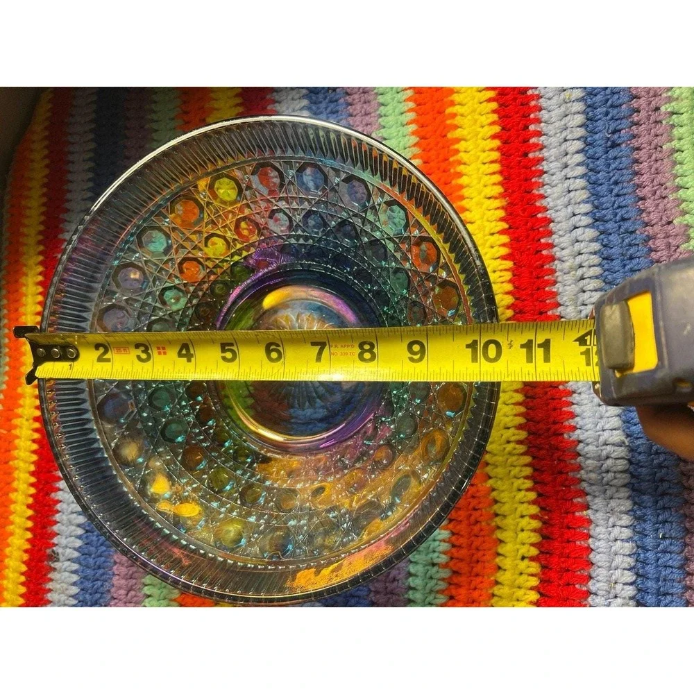 Vintage  Glass Blue Iridescent Carnival Glass Button and Cane  Salad Bowl